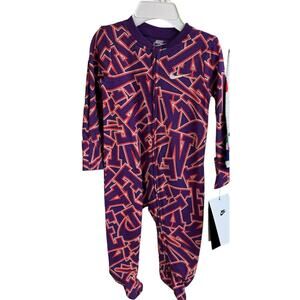 Nike Girls Sleeper Pajamas Footie Hand Cuffs Sz 6 Months NWT Purple Logo Print
